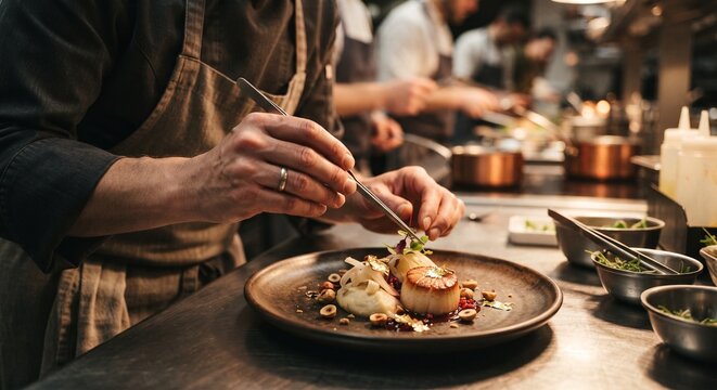 Chef plating a gourmet scallop dish with tweezers in a busy professional restaurant kitchen.
