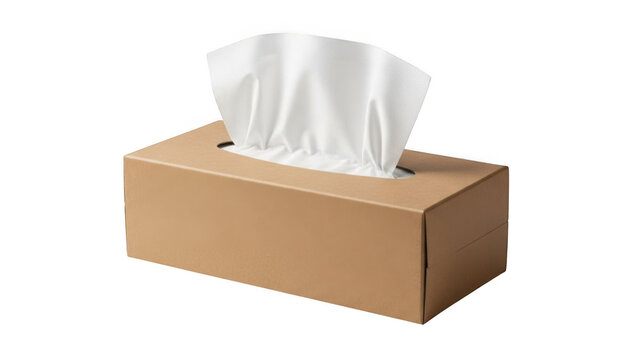 Rectangular cardboard tissue box with paper tissues isolated on transparent background