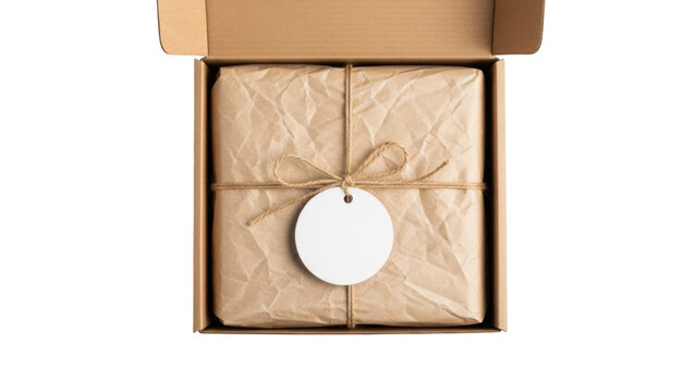 Brown cardboard gift box with wrapped parcel and blank tag isolated on transparent background