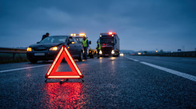 Emergency warning triangle on highway road, car breakdown accident scene with roadside towing assistance.
