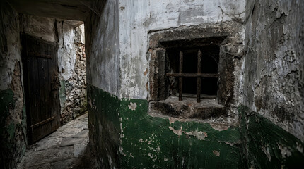 Fototapeta premium Abandoned dark prison cell with iron bars in old building illustration
