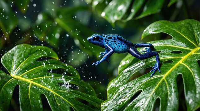 Blue poison dart frog jumping across tropical rainforest leaf with water splash in vibrant wildlife habitat.