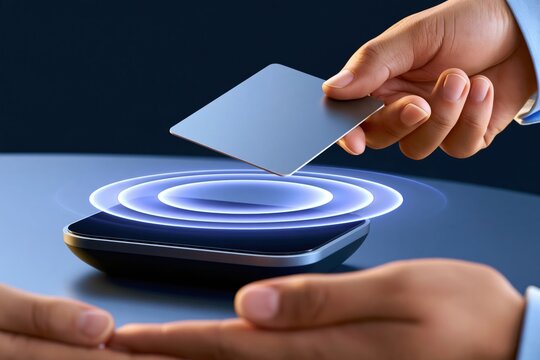 Hand holding contactless payment card above wireless reader with glowing blue rings, modern transaction moment on dark background