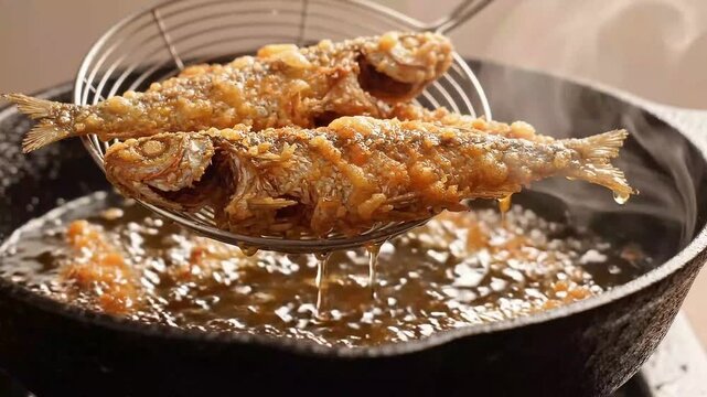 Metal Strainer Lifting Crispy Deep Fried Fish from Bubbling Hot Cooking Oil in Pan