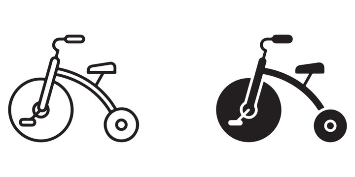 Vintage Penny Farthing and Modern Tricycle Vector Icons Showcasing Classic and Contemporary Bicycle Designs