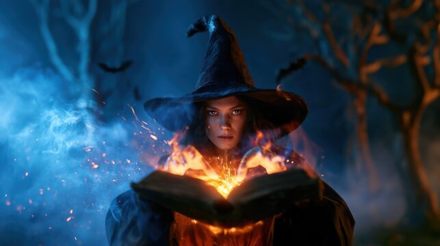 Mysterious witch casting a glowing spell from a magic book in a dark forest.
