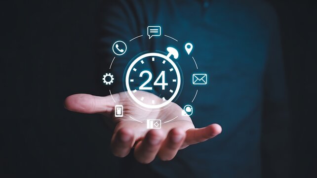 Twenty four hour digital service concept with hand and connected technology icons