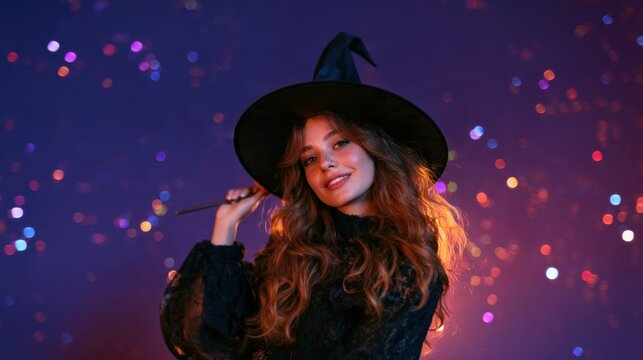 Smiling young woman in halloween witch costume holding a wand with magical sparkles.