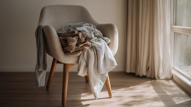A neutral toned room with a wooden chair holding casually tossed clothing where soft daylight falls across folded fabric and pale walls creating a quiet lived in domestic atmosphere