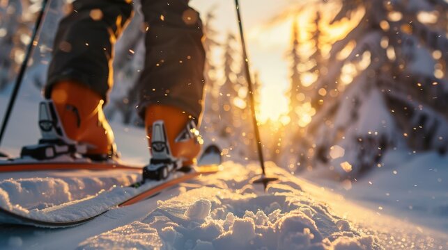 A man walking with cross country skis through deep fresh snow in a quiet winter forest wearing warm layers and a backpack while pale daylight filters between the frosted trees