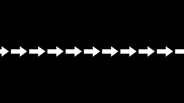 White directional arrows moving across a black background, ideal for presentations, transitions, tutorials, navigation and motion graphics.
