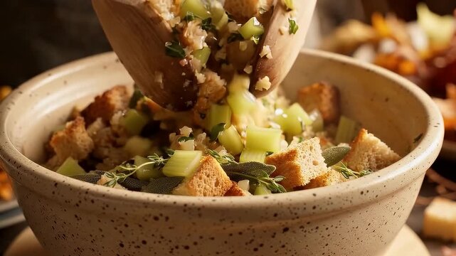 Traditional homemade bread stuffing mixed with fresh celery and herbs in a rustic ceramic bowl for a holiday dinner
