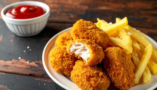 Crispy Golden Fried Chicken Nuggets Served With Fresh Salty French Fries and Tomato Sauce on a Rustic Wooden Tabletop