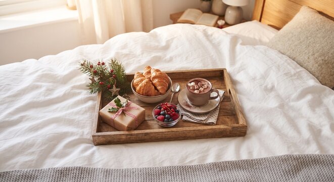 Cozy breakfast in bed tray with croissants, hot chocolate, and berries.
