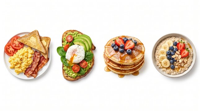 Classic breakfast plate mashed avocado toast sweet berry pancakes and banana oatmeal bowl.