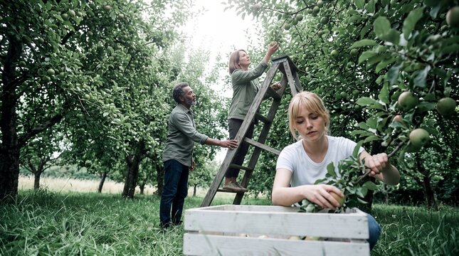 Familie erntet gemeinsam &Auml;pfel im Obstgarten von der Leiter
