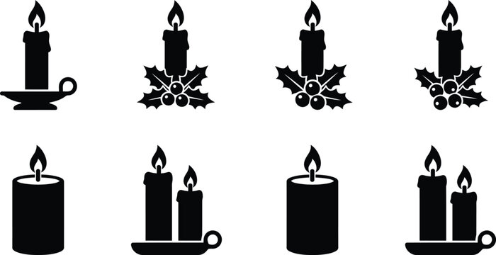 Set of black silhouette christmas candles with festive holly decor holiday decor burning candles christmas decorations vector icons xmas decor