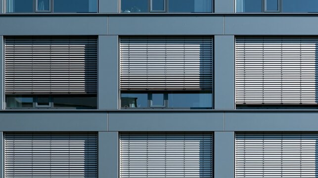 Modern office building facade with external venetian blinds isolated on transparent background. Architectural design concept for energy efficient workplace structures.