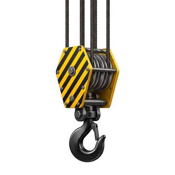 Industrial pulley system with hook during lifting operations on transparent background