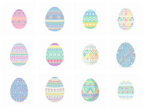 Set Of Twelve Decorative Pastel Patterned Easter Eggs Vector