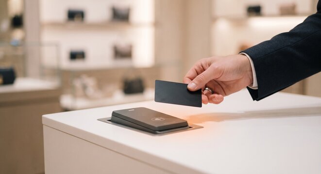 Customer hand using contactless payment method with credit card on card reader machine in modern retail store.