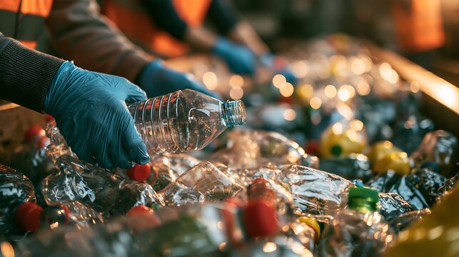 Worker hands sorting plastic bottles for recycling isolated on transparent background. Concept of waste management and environmental sustainability for industrial eco-friendly.