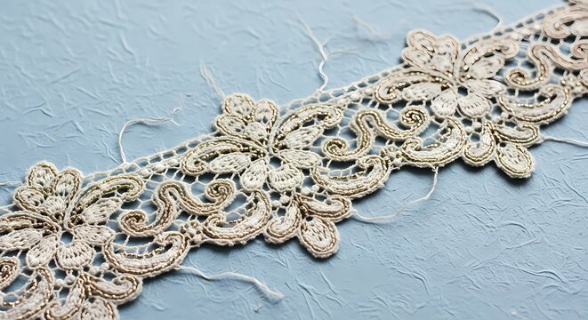 Delicate handmade beige embroidery lace trim featuring floral patterns laid across a textured blue fabric surface for creative sewing projects and fashion accessories design craftsmanship