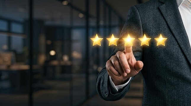 Businessman selecting five glowing star ratings to provide feedback on service quality with feedback business customer