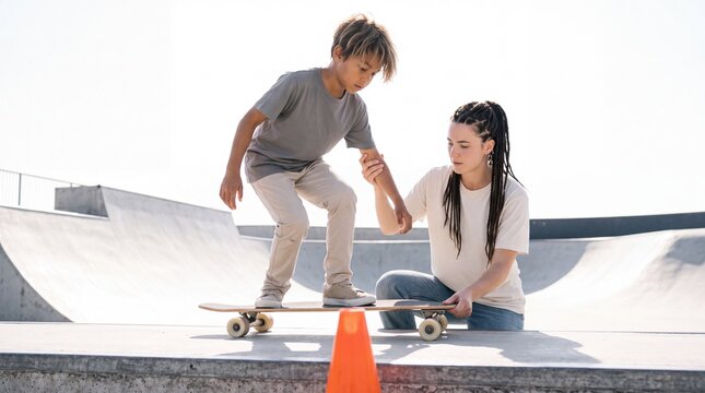Frau hilft Junge beim Skateboardfahren im Skatepark