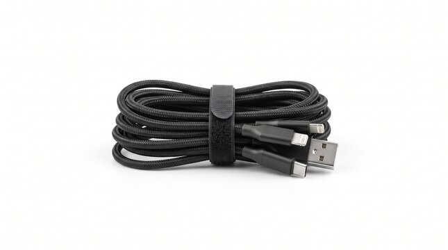 A black coiled usb charging cable secured with a hook and loop fastener strap isolated on a clean white studio background surface