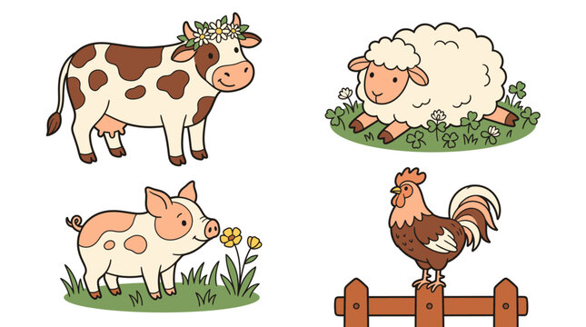 Cute hand drawn farm animal collection with cow pig sheep and rooster