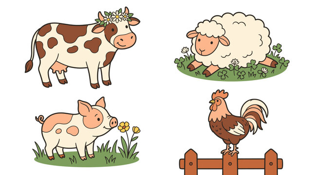 Cute Farm Animals Set with Cow Sheep Pig and Rooster