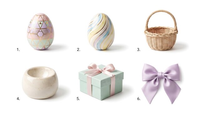 Collection of pastel easter themed objects including decorated eggs a small wicker basket and a bow with pastel colors