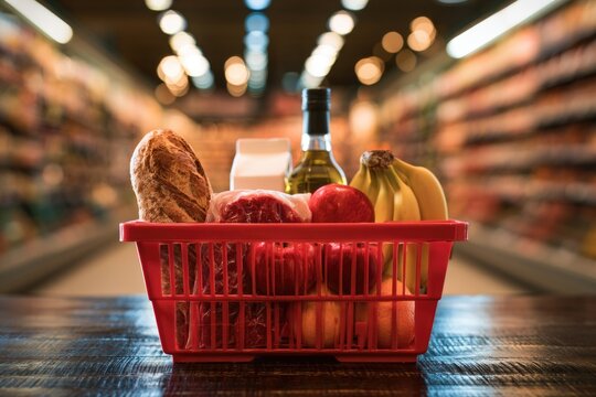 A red shopping basket filled with groceries including bread, meat, bananas, and a bottle, placed on a store aisle table with blurred shelves in the background.