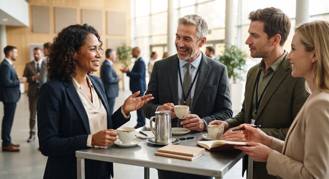 Diverse business colleagues networking and drinking coffee at high table during corporate conference event.
