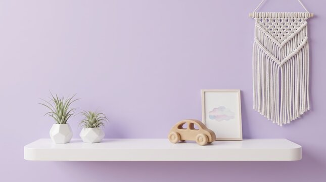 Minimalist white floating shelf decorated with small potted air plants, a wooden toy car, framed art, and macrame wall hanging against a soft pastel purple background, modern interior design