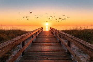 Obraz premium A wooden boardwalk leads through dune grass toward a vibrant sunset over the ocean, with birds flying across the warm, colorful sky.