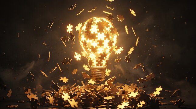 Creative Idea Concept with Glowing Golden Puzzle Lightbulb