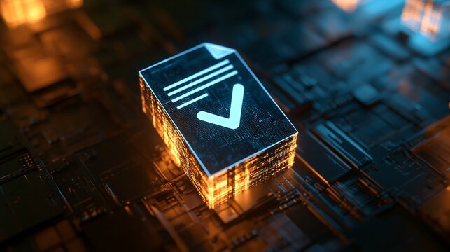 Glowing digital document icon with checkmark isolated on transparent background. Perfect for business verification and secure data management concepts.