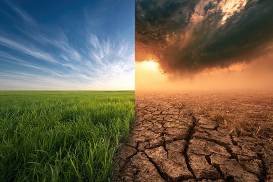 Split image showing green lush grassland under a clear sky on the left and cracked dry earth with stormy clouds on the right, symbolizing climate contrast.