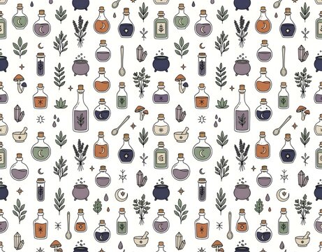 Seamless pattern with mystical witchy elements like potion bottles, cauldrons, crystals, herbs, and moons. Hand-drawn doodle style for Halloween, esoteric design, and magic backgrounds.