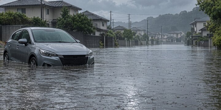 大雨で冠水した住宅街に停車する乗用車と水害リスク