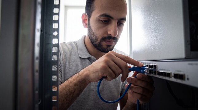 Netzwerktechniker schlie&szlig;t Patchkabel im Serverraum an