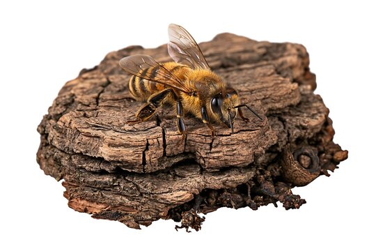 A detailed closeup of a honey bee resting on a piece of textured tree bark isolated on white background