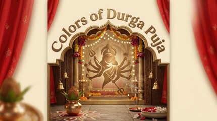 Fototapeta premium Colors of Durga Puja with goddess Durga symbol marigold flowers and bells for Indian festival greetings and cultural events.