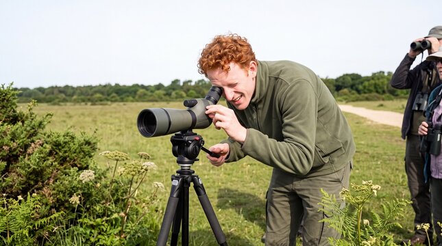 Junger Mann beobachtet V&ouml;gel durch ein Spektiv auf der Wiese