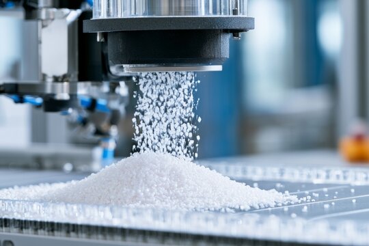 Plastic granules falling from an industrial machine for production
