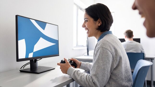 Junge Frau spielt Videospiel mit Controller im Computerraum