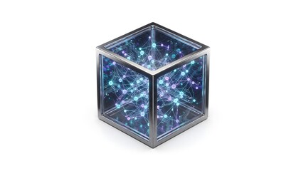 Obraz premium Square glass cube containing mesmerizing colorful starry lights and glowing particles like a miniature universe