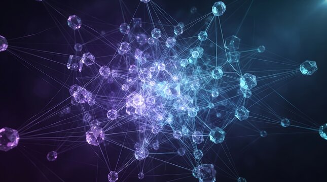 Abstract digital network structure composed of glowing interconnected blue and purple spheres and lines in dark space